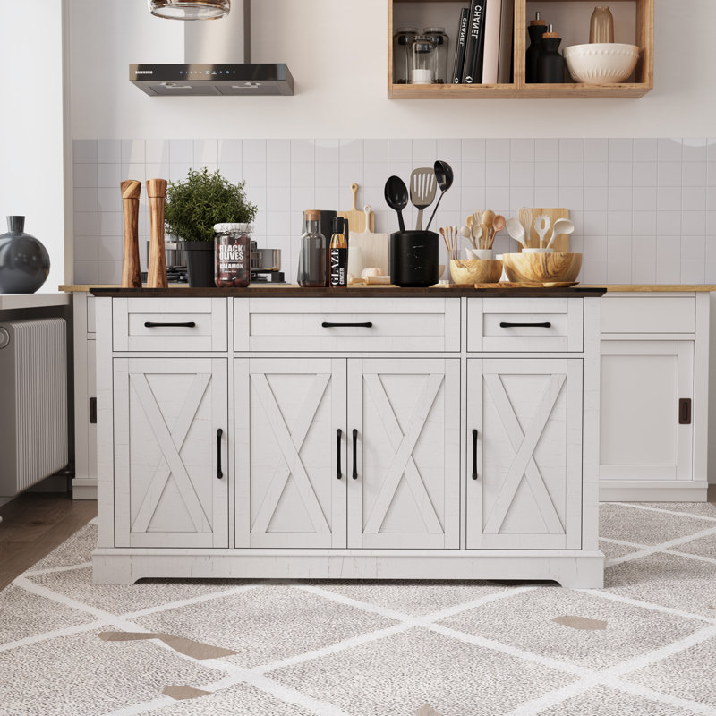 Buffet Farmhouse avec tiroirs et tablettes réglables, Blanc