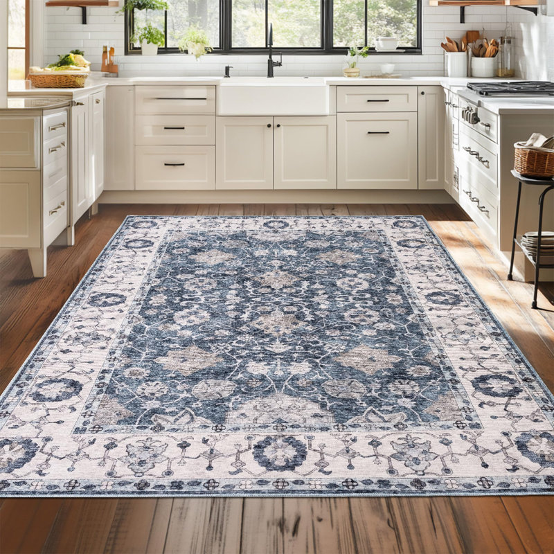 Emric Oriental Cotton Machine Printed Area Rug, Blue, Rectangle 120 x 170 cm