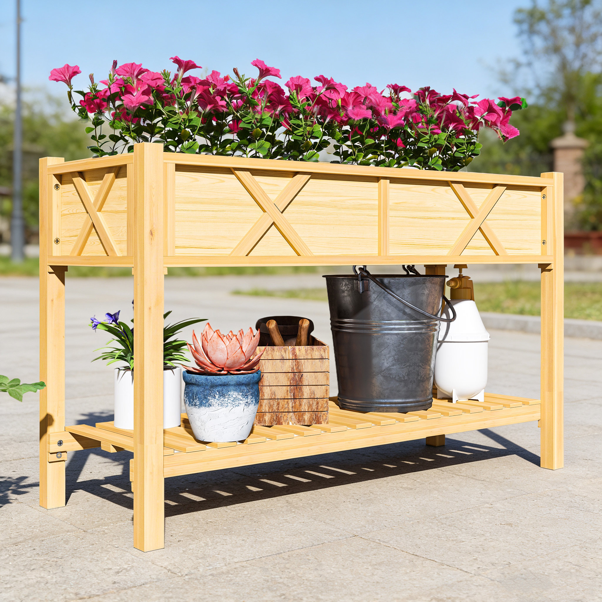 Planting Storage Box Wrought Studio Double-layered Raised Wooden Planting Box, Elevated ...