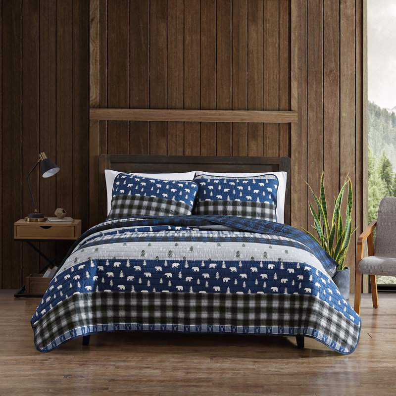Eddie Bauer Blue Creek Plaid Cotton Reversible Quilt Set, Twin Quilt + 1 Sham