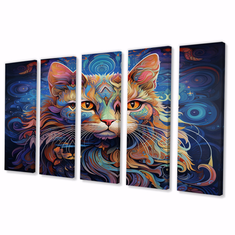 Chat cosmique avec regard mystérieux - reproduction d'art sur toile, 5 chats égaux