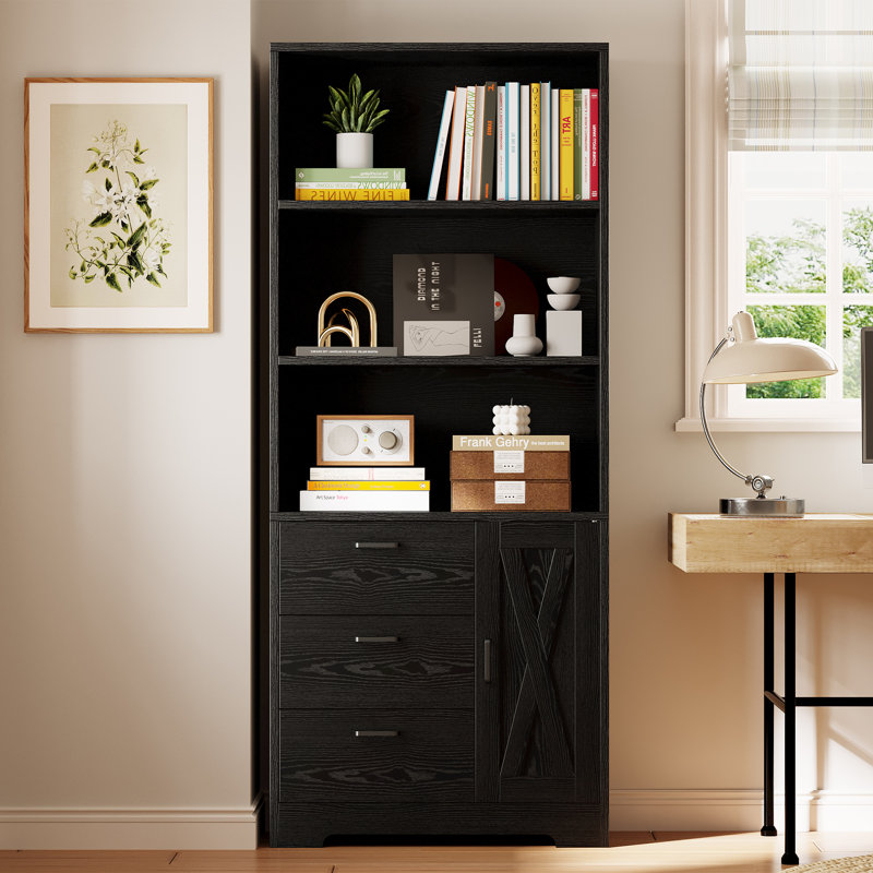 Bibliothèque moderne en bois de style moderne H 71 "avec porte et 3 tiroirs, tablettes ouvertes à 3 niveaux, Noir