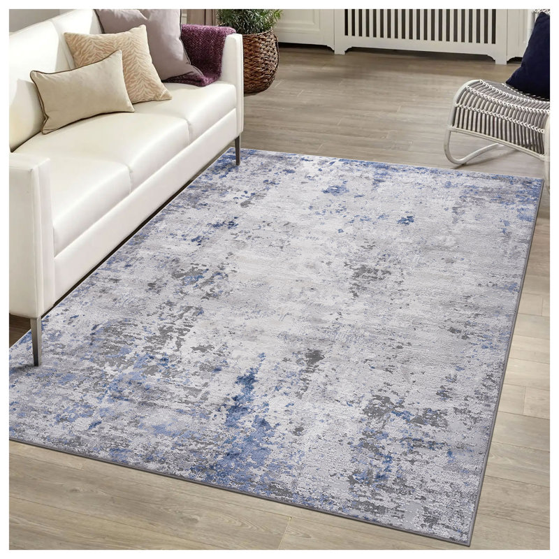 MARFI Modern Abstract Area Rug 8x10 - Silver & Blue Stain Resistant Machine Woven Carpet for Living Room