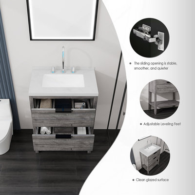 Meuble-lavabo autoportant de 24 po avec comptoir en marbre de culture et tiroir à fermeture en douceur
