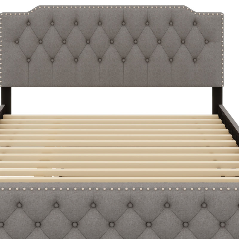 Lit plateforme tapissier avec lit gigogne et 2 ensembles de ports USB, Gris