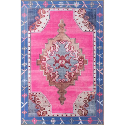 Machine Washable Traditional Motif Patterned Blue and Pink Vintage Decorative Area Rug