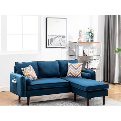 Canapé modulaire 70 po avec passe-tablette et siège rembourré en mousse bleu, matériau en lin, pieds en bois massif, sièges, méridienne réversible, téléphone