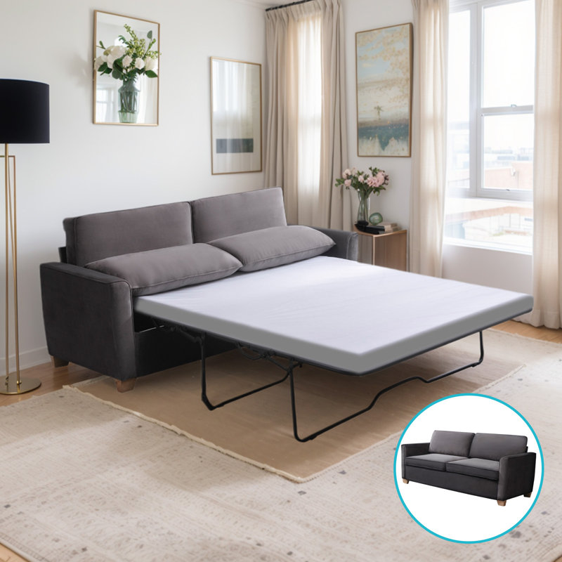 Latitude Run 77" Velvet Queen Pull Out Sleeper Loveseat with Memory Foam Mattress, Dark, 30” H x 77” W x 28” D