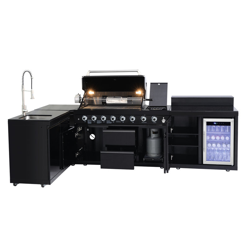 6 Barbecue extérieur en acier inoxydable avec évier, armoire de rangement, réfrigérateur, brûleurs à haute puissance, rangement modulaire, noir, style américain et esthétique