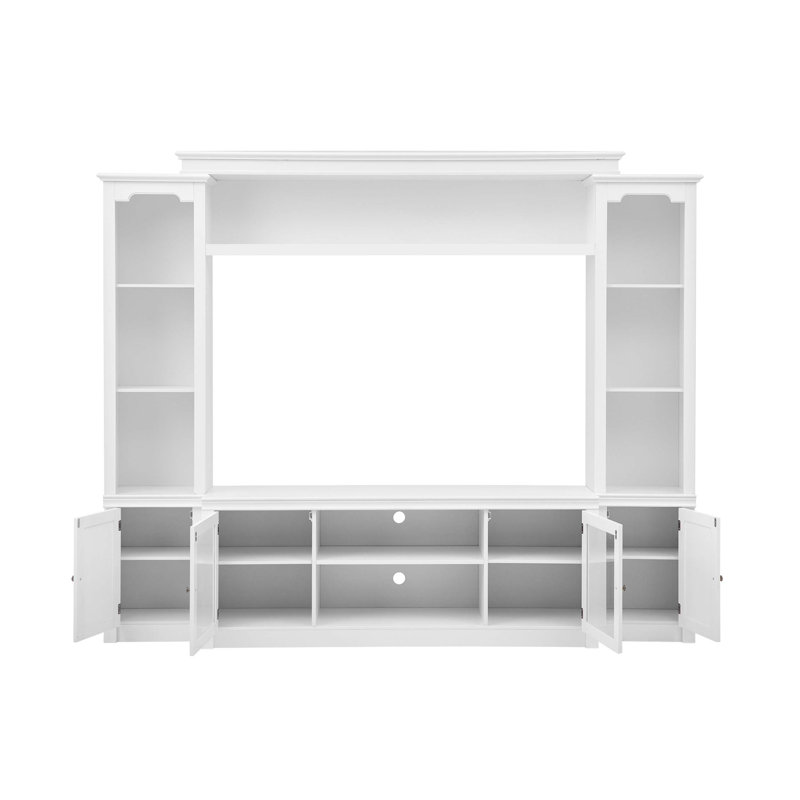 Meuble télé tout-en-un avec bibliothèque et tablettes réglables pour téléviseur de 65 po ou moins, offrant un rangement intégré, une flexibilité d'affichage et une organisation multimédia robuste.