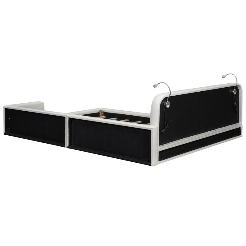 White Queen Size Bed With Two Integrated Reading Lights - Platform Cozy For Work, White