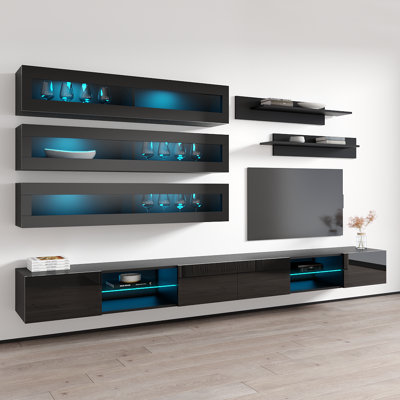 Shadyvale 126" Modern Floating Wall Mounted Entertainment Center with 16-Color LED Lighting, High Gloss Finish