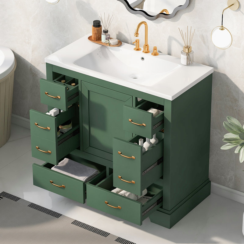 Meuble-lavabo de 91 cm avec lavabo intégré, 6 tiroirs, vert