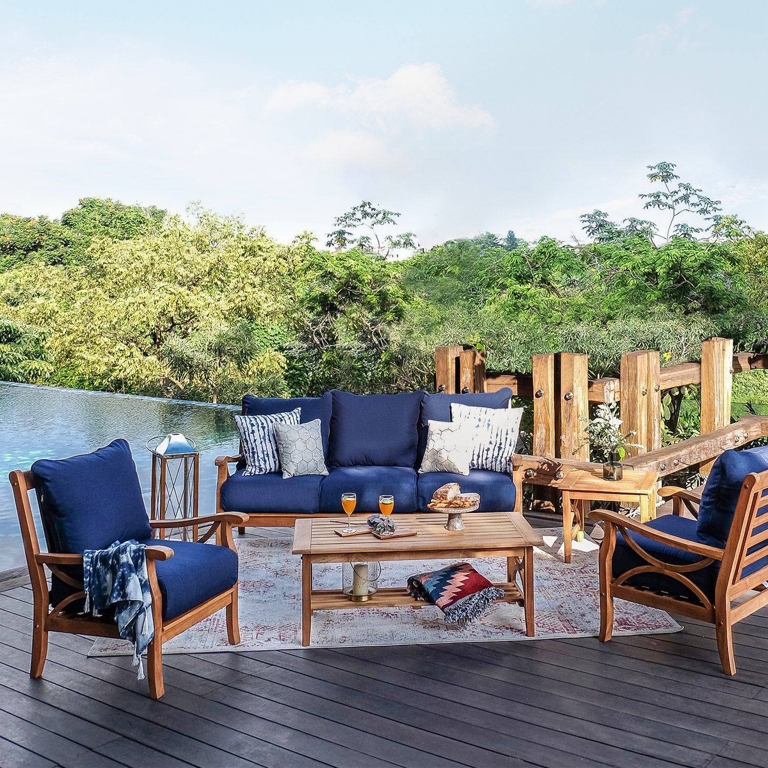 Brunswick 5-Person Teak Patio Seating Group, Navy Performance Olefin, Brown