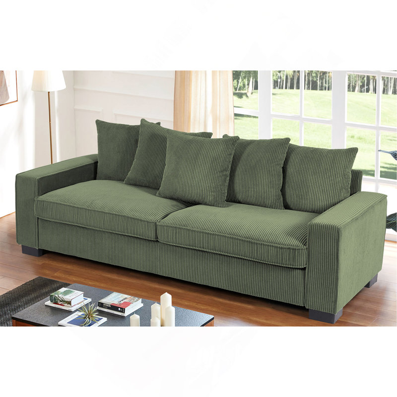 Luxueux canapé en velours côtelé avec coussins assortis, spacieux et confortable pour se détendre et recevoir., Vert foncé