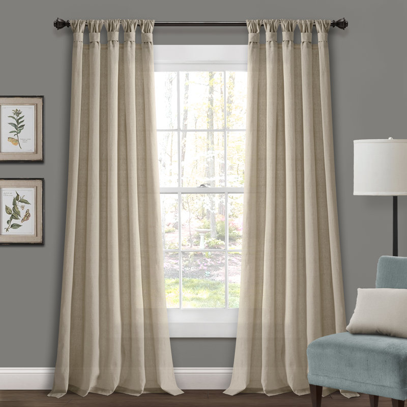 Burlap Knotted Tab Top Semi Sheer Curtain Pair, 48"W x 95"L, Dark Linen