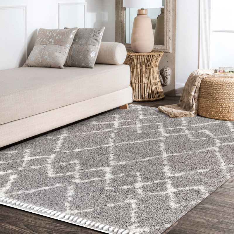 Cantera Shag Plush Tassel Moroccan Tribal Geometric Trellis Gray/Ivory Rug, Rectangle 5'3" x 7'6"