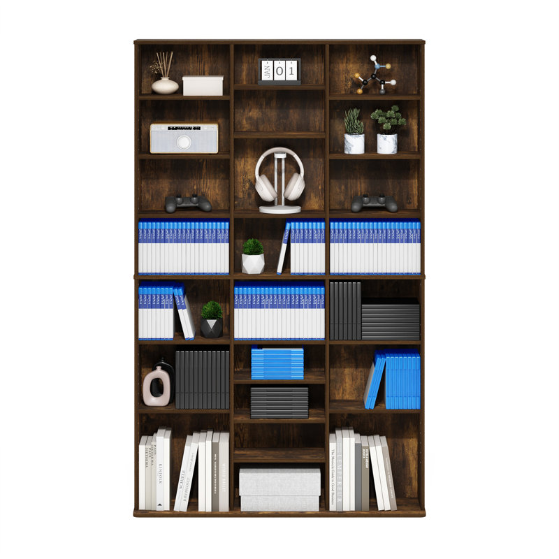 Support de rangement multimédia à 24 tablettes avec tablettes réglables, Bois de pin ambré