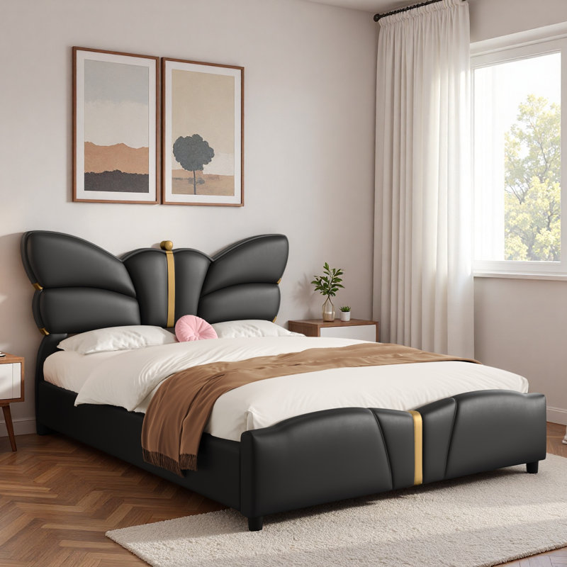 Lit plateforme tapissier avec tête de lit en forme de papillon et décorations en métal doré, Noir, Grand