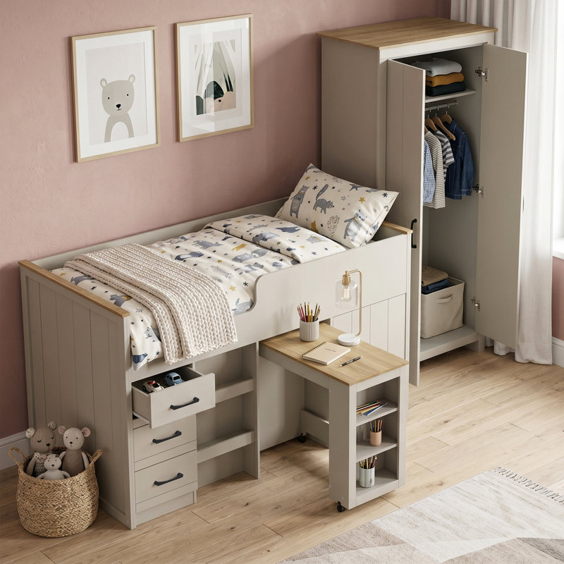 Limestone Kids Midsleeper With Wardrobe Bedroom Set, Grey