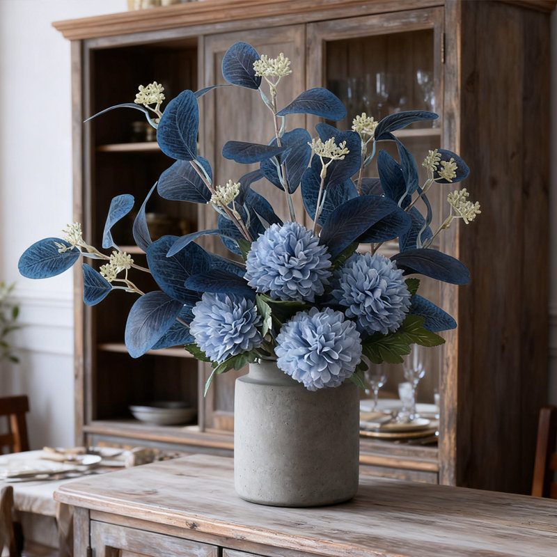 1 Bunch Artificial Chrysanthemum Bouquet, 21 Inch Simulated Silk Flower Greenery, Home Garden Kitchen Office Table Vase Decorative Flowers, Dark Blue