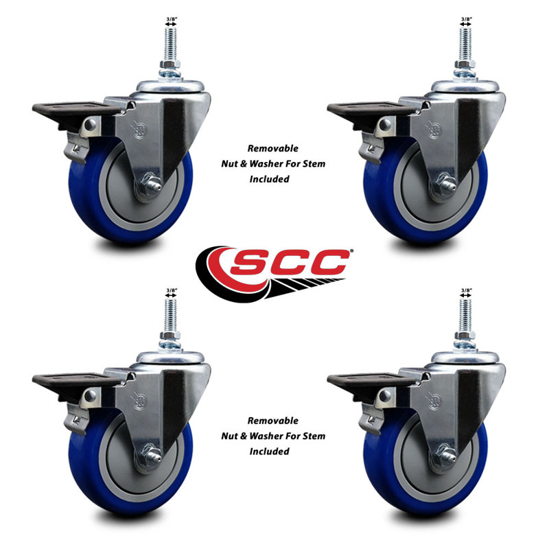 4 Inch_Polyurethane 3/8 Inch Threaded Stem Caster Set with Brake, Blue
