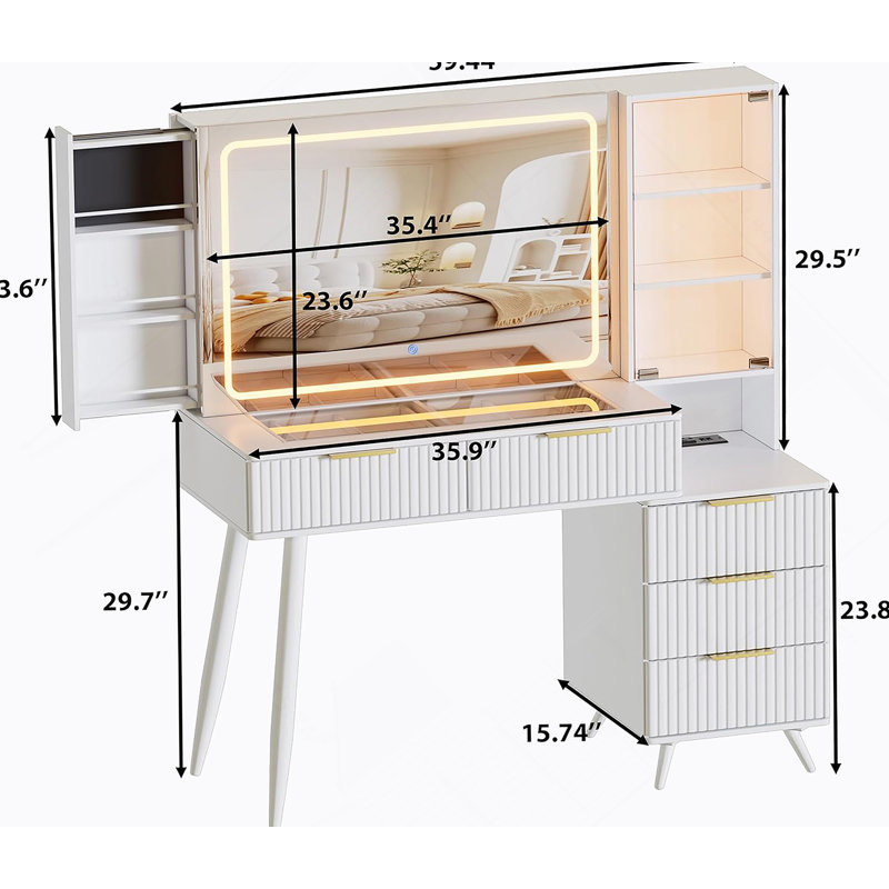 Coiffeuse avec miroir et lumières, coiffeuse avec plateau en verre, coiffeuse avec tiroirs, coiffeuse pour chambre de femme (plateau en verre blanc)