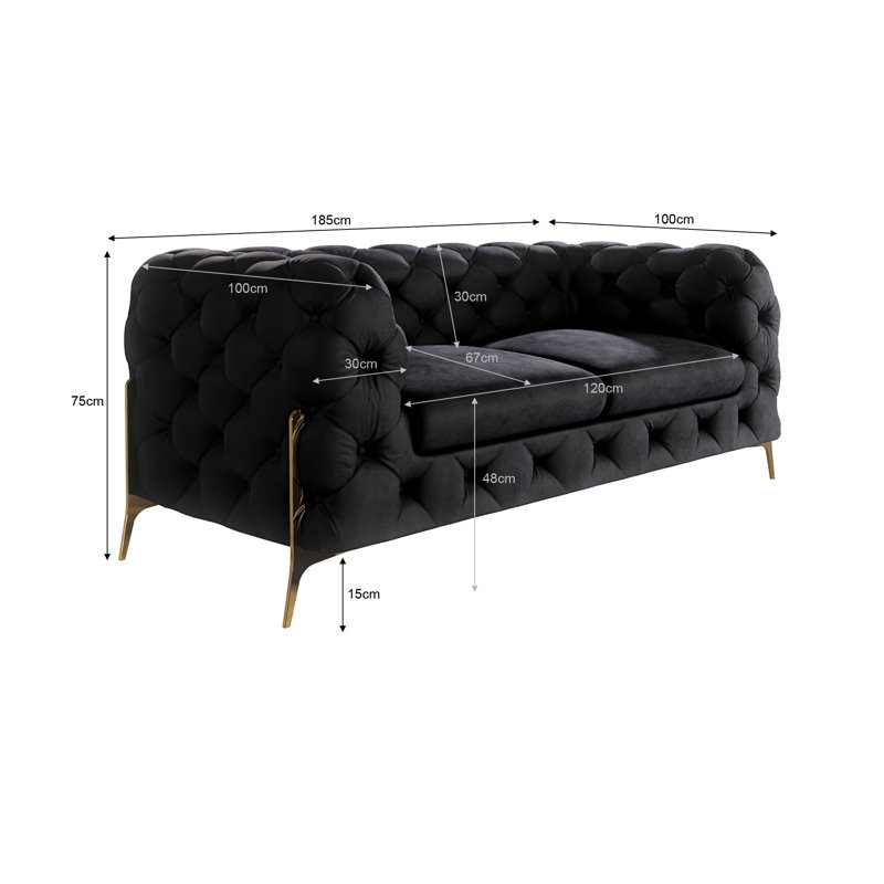 Chesterfield Sofa Atoka with Gold Metal Legs, Black, 2