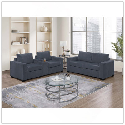 Élégant canapé simple avec porte-gobelet et causeuse 2 pièces ensemble de canapé en velours côtelé gris foncé