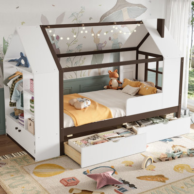 Twin Solid Wood House Platform Bed with Drawers and Shelves