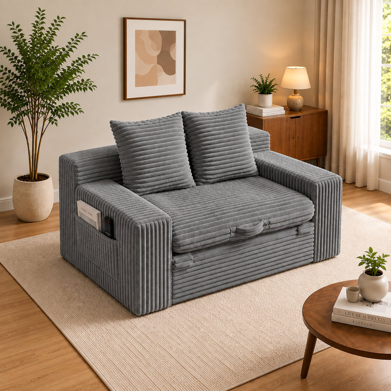 Canapé-lit convertible 4 en 1 sans os, canapé-lit futon deux places en velours côtelé avec coussin supérieur amovible, poignée de traction et poche latérale pour chambre, salon et petits espaces