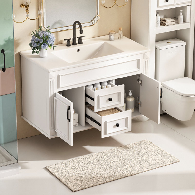 Armoire de salle de bain murale avec lavabo en céramique et style simple français, Blanc