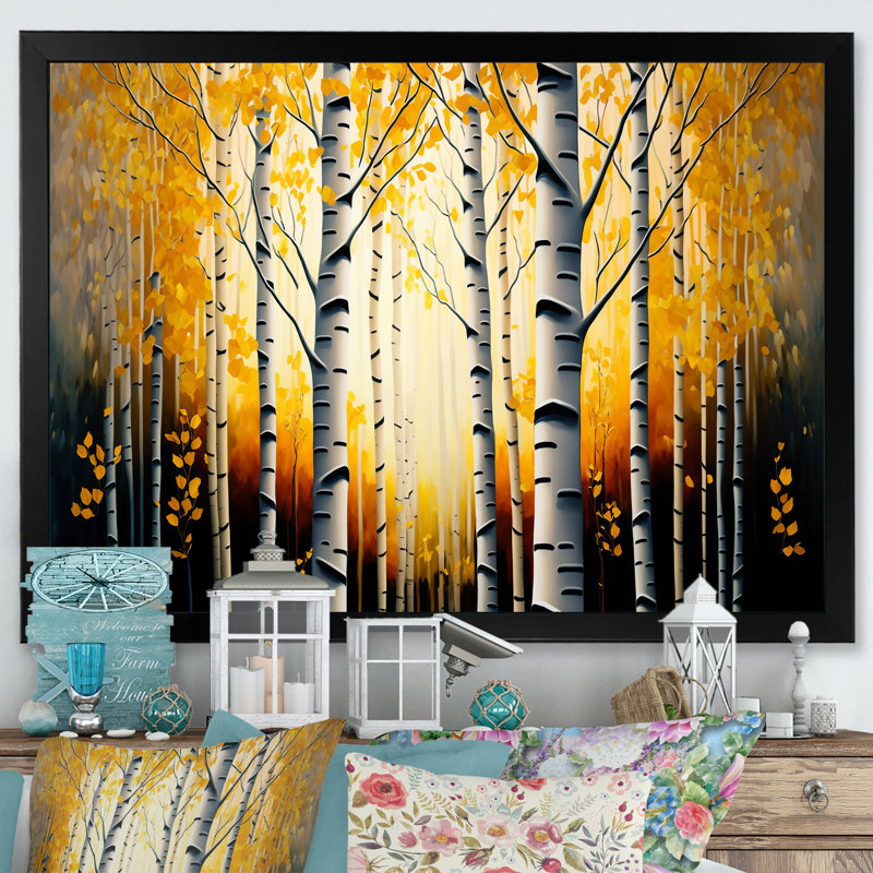 Into A Golden Birch Forest II - paysage, art mural sur toile, H 24 po x l 32 po x P 1 po, Cadre d'angle fermé noir
