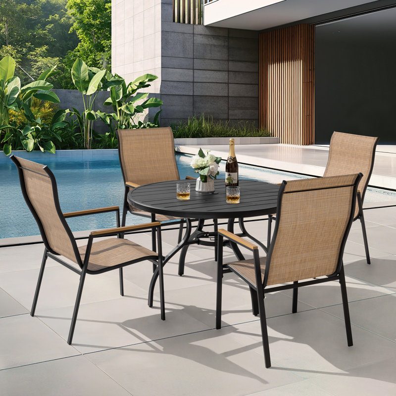 5-piece Patio Dining Set With Umbrella Hole, Stackable PVC-coated polyester Chairs