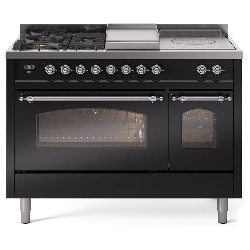 ILVE Nostalgie II 48 Dual Fuel Range, Glossy Black/Chrome, Natural Gas