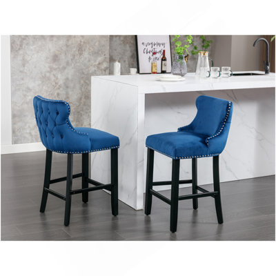 Furniture,Contemporary Velvet Upholstered Wing-Back Barstools With Button Tufted Decoration And Wooden Legs, And Chrome Nailhead Trim, Leisure Style Bar Chairs,Bar Stools,Set Of 2 (Blue)