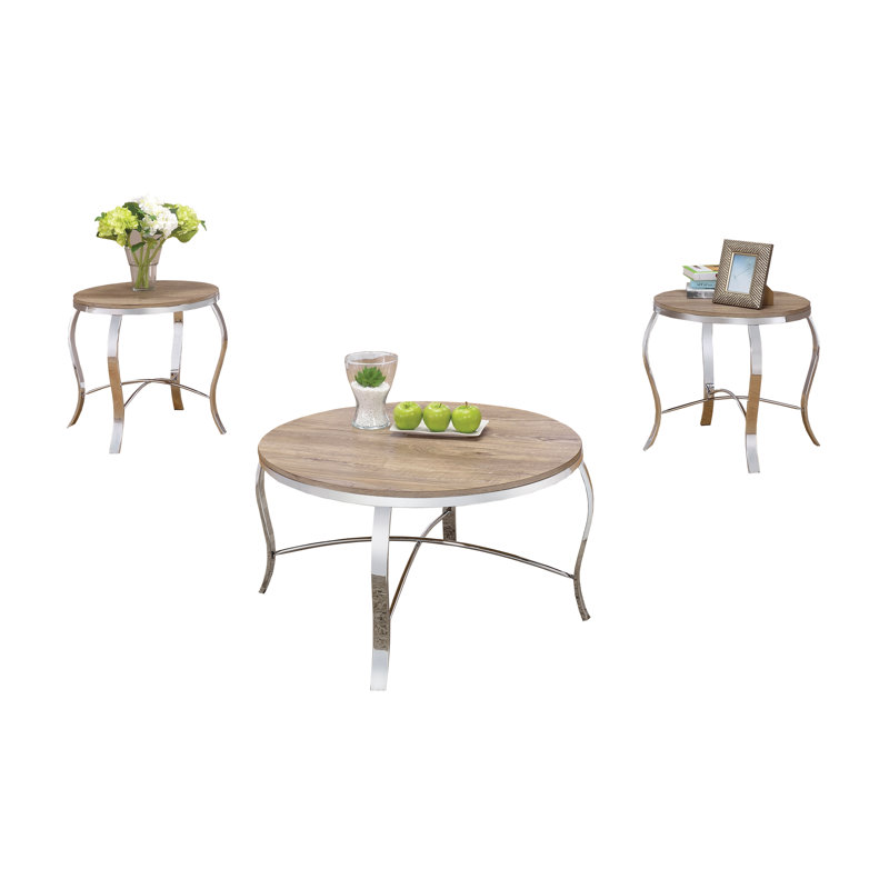 Bohden 3-Piece Coffee Table Set in Weathered Oak and Chrome, Light Oak