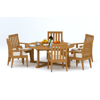  Ensemble de salle à manger 7 pièces en bois de teck de qualité A: table ronde de 72 po et fauteuils Caranas # 11Ca1706