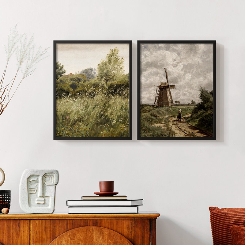 «Vintage Landscape», ensemble de 2 estampes numériques encadrées, Noir, noir, noir, noir, H 9 po x l 22 po