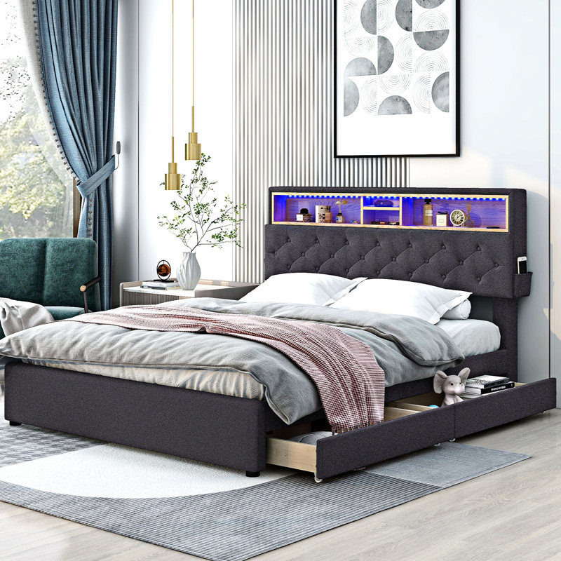 Lit plateforme avec rangement Emoni, Grand, Gris foncé
