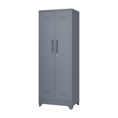 Broom Storage Cabinet With Locking Doors And Shelves, 65" H Metal Storage Cabinet With Hanging Rod & S-Hooks