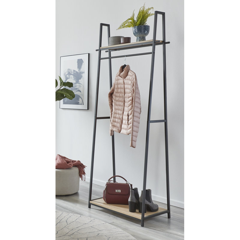 Betty Steel Freestanding Valet Stand with Storage, Light Oak/Black