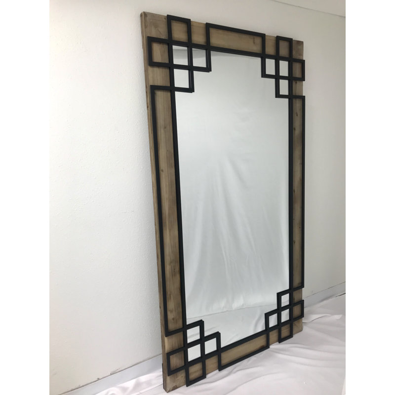 Wood Flat Wall Mirror, Black/Distressed Brown