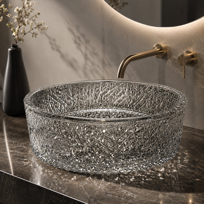 Lavabo de salle de bain vasque rond en verre noir avec motif cristal 16 po Stadium - Collection Timeless, Noir clair