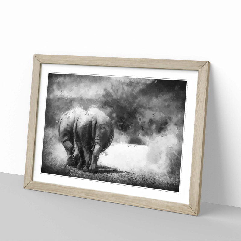 Walking Rhinos in Abstract - Picture Frame Graphic Art Print, Oak, 60cm H x 91cm W x 2cm D