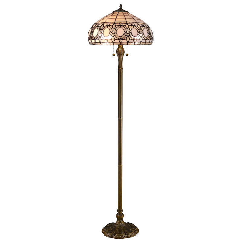 Lampe sur pied de 63 po à deux lumières de forme traditionnelle brune avec abat-jour en verre teinté blanc