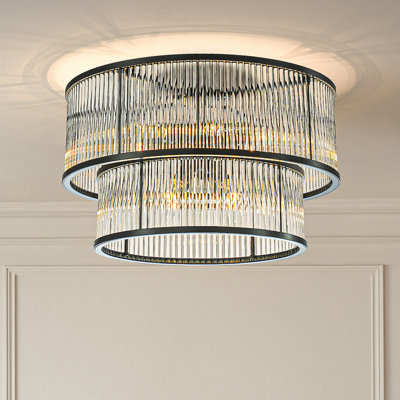 21'' Wide Modern Glam Black 10-light 2-tier Glass Drum Flush Mount Contemporary Ceiling Light For Living Room Dining Room