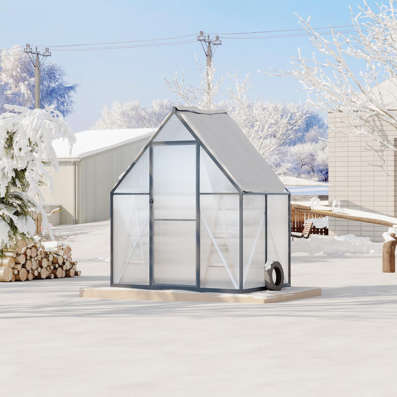 Ensemble de serre en polycarbonate en aluminium noir robuste de 6 pi x 4 pi avec portes battantes doubles, évent de toit, gouttière et résistance élevée au vent