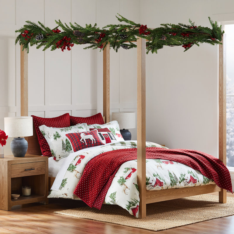 Ensemble de courtepointe en velours au point de croix rouge et blanc, King Quilt + 2 Shams