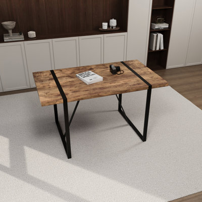 4-6 Person Home Kitchen Dining Table 55", Dark Wood 1.5" Thick Tabletop, Rectangular, Black Metal Legs, Modern Style 55" & Table, Rural Industrial Rad